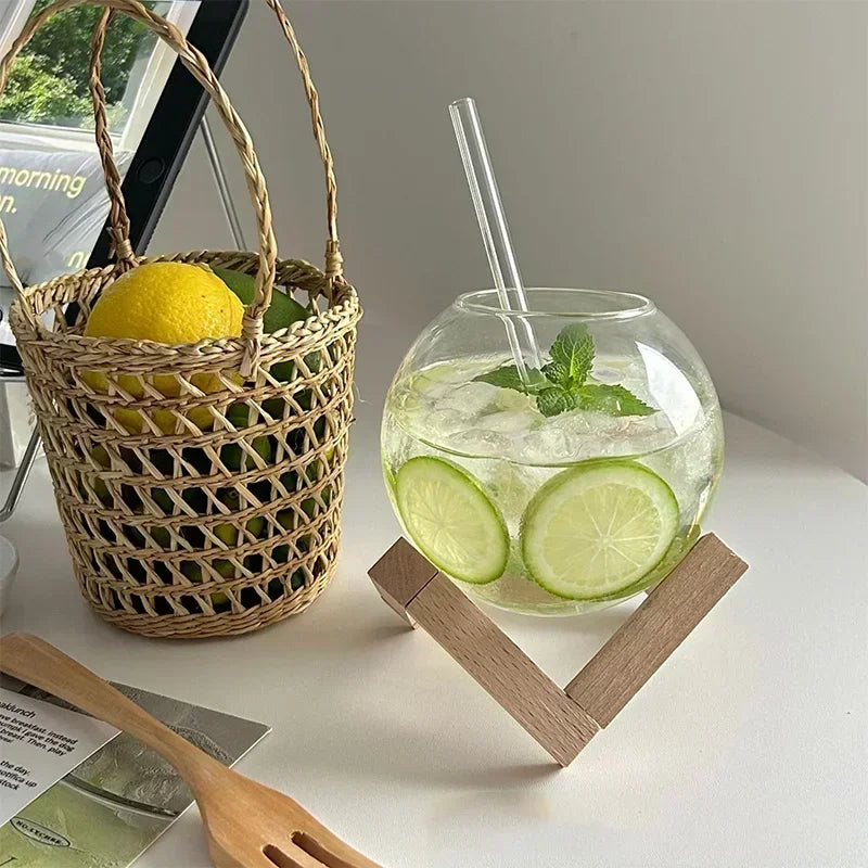 Cocktail Glass Cup with Wood Stand Creative Lunar Round Shape Drink Cup with Straw Christmas Cups Iced Coffee Cups Drinkware