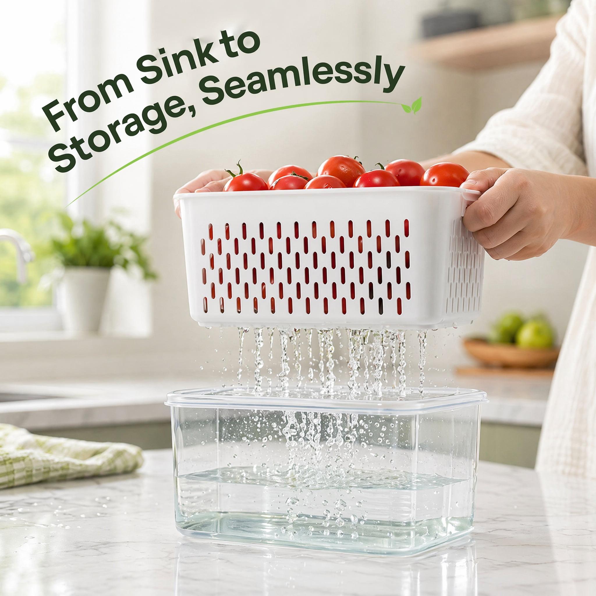 Fruit Storage Containers for Fridge with Removable Colander, Airtight Produce Saver, Dishwasher Safe Berry Keeper, 3 Sizes with Lids(Blue)