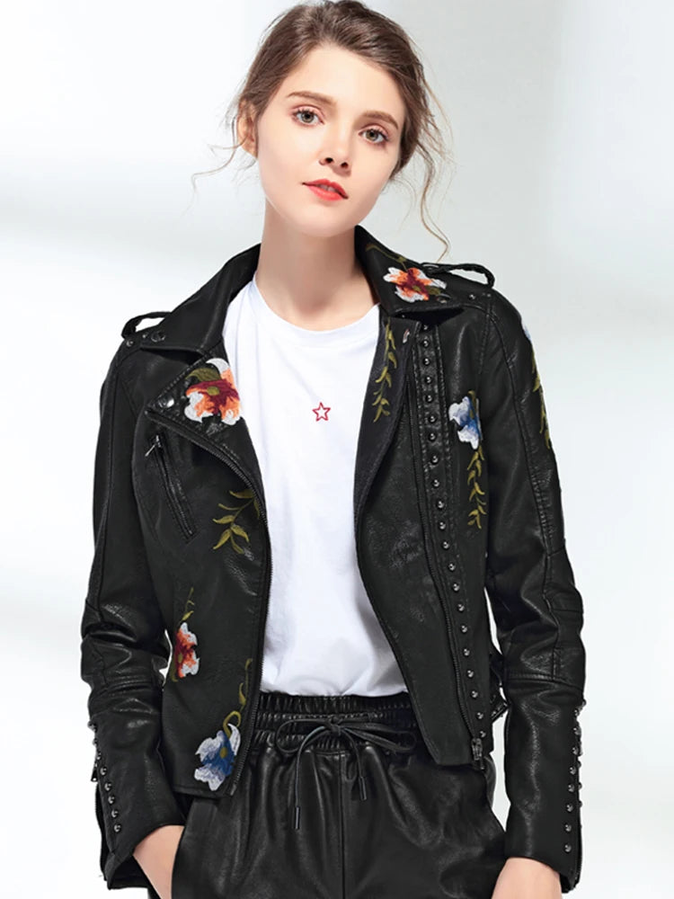 Women Floral Print Embroidery Faux Soft Leather Jacket Coat  Turn-down Collar Casual Pu Motorcycle Black Punk Outerwear