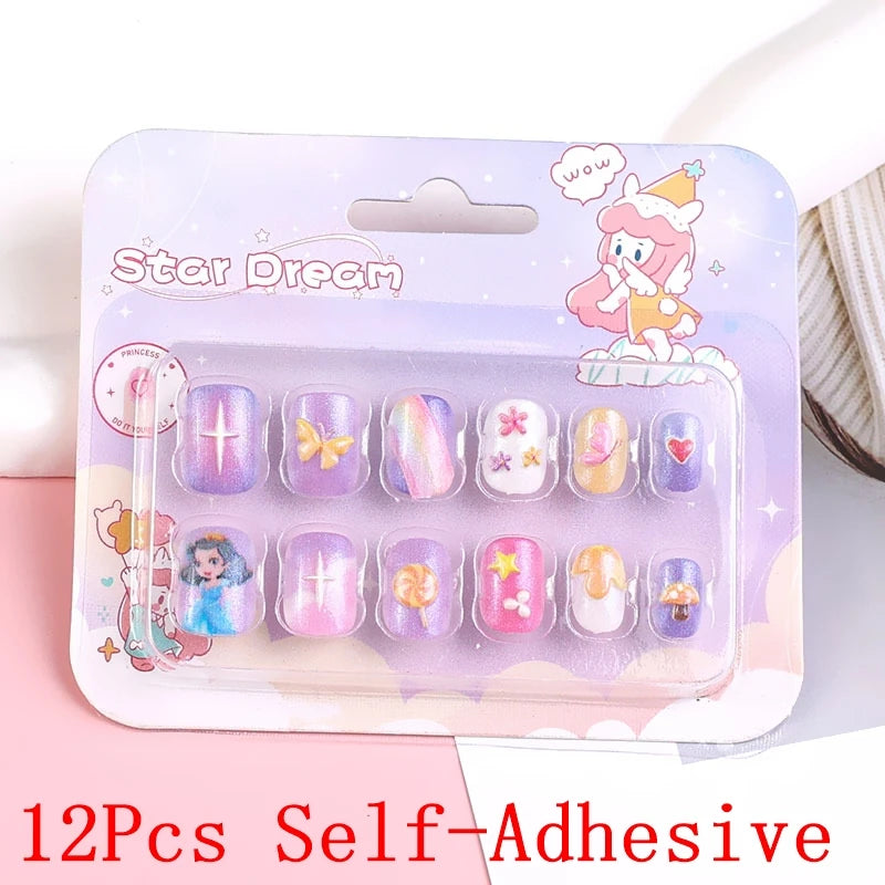 12pcs/Box Children Acrylic Fake Nails Safe Non-Toxic Adhesive Fake Nail DIY Artificial Fingernails for Girls Children's Day Gift