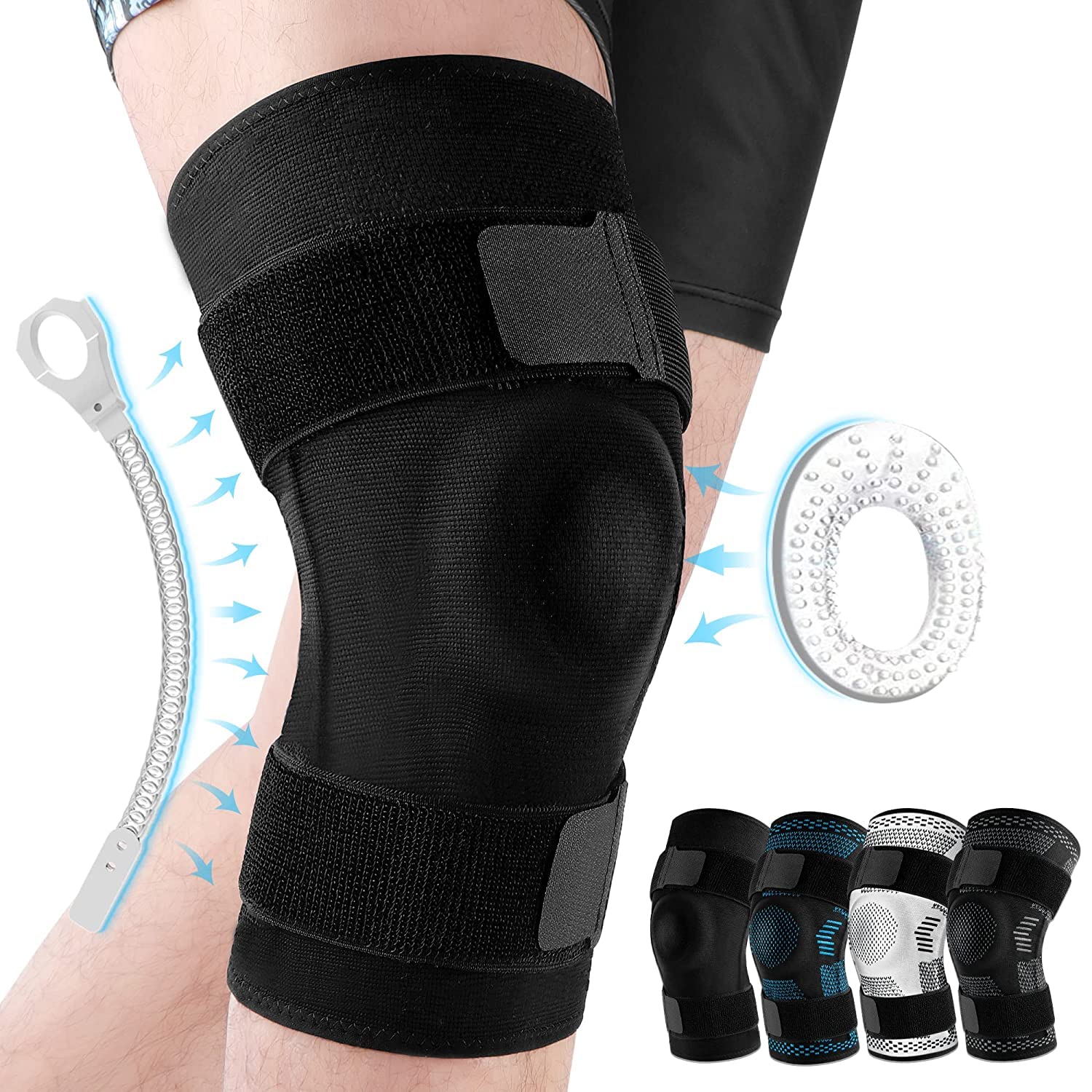Sports kneepads for knee pain relief, tear damage recovery, with side stabilizers, patella support gel, compression sleeve