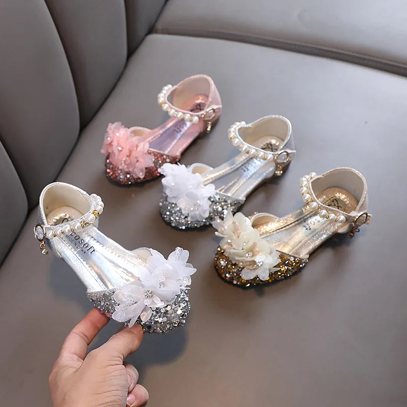 Fashion Children's Sandals 2024 Spring Summer Shining Flowers Sweet Girl Princess Shoes Dance Performance Kids Sandals J191