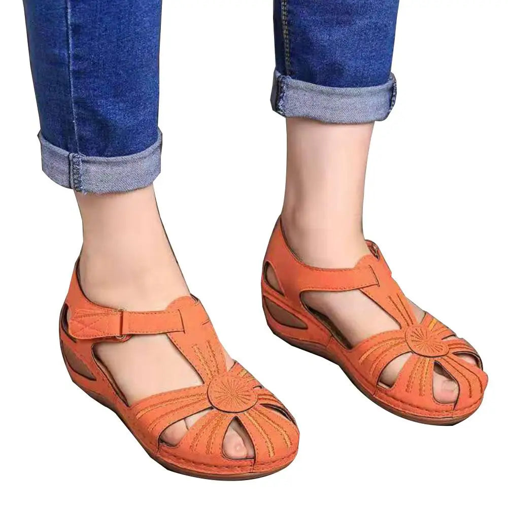 Women Summer Retro Hook Loop Closure Hollow Beach Wedge Sandals Casual Shoes