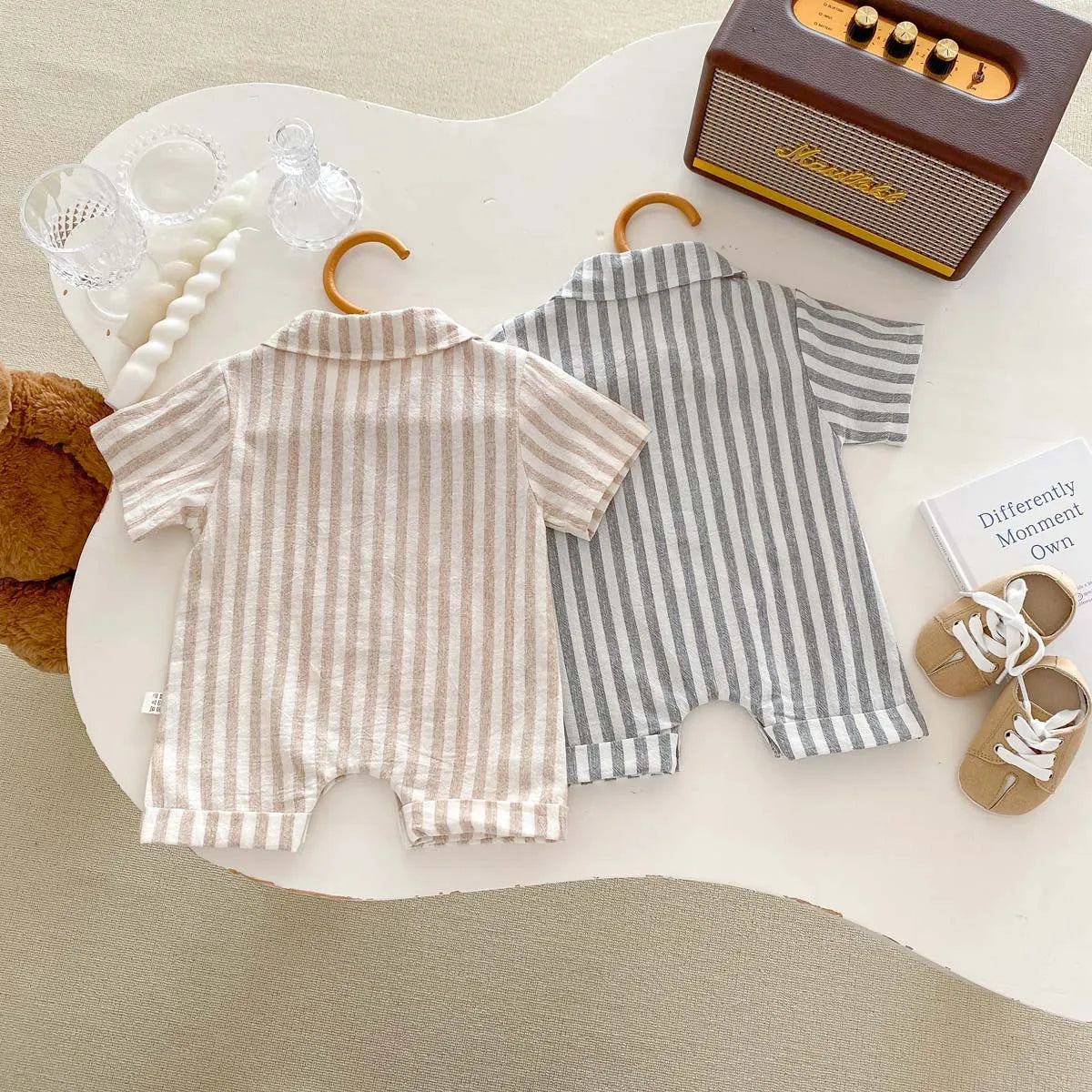 2024 Summer Infant Striped Baby Boys Rompers Short Sleeve Muslim Babe Boys Polo Bodysuit Thin Loose Newborn Boys Outfits