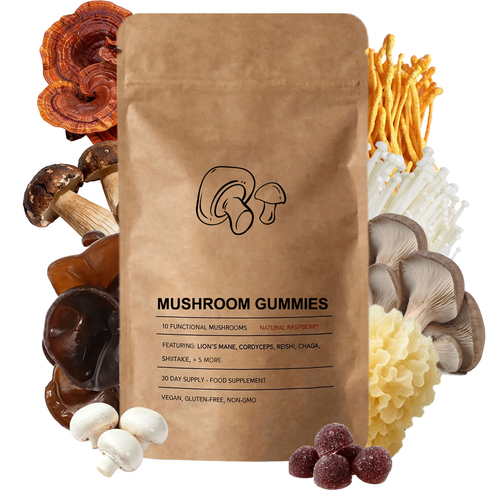 10-in-1 Mushroom Gummies High Strength 2500mg, Vegan Multi Mushroom Complex with Lion’s Mane, Reishi, Chaga, Shiitake ,10 Varieties, Vegan Mushroom Gummies for Women & Men, 60 Gummies