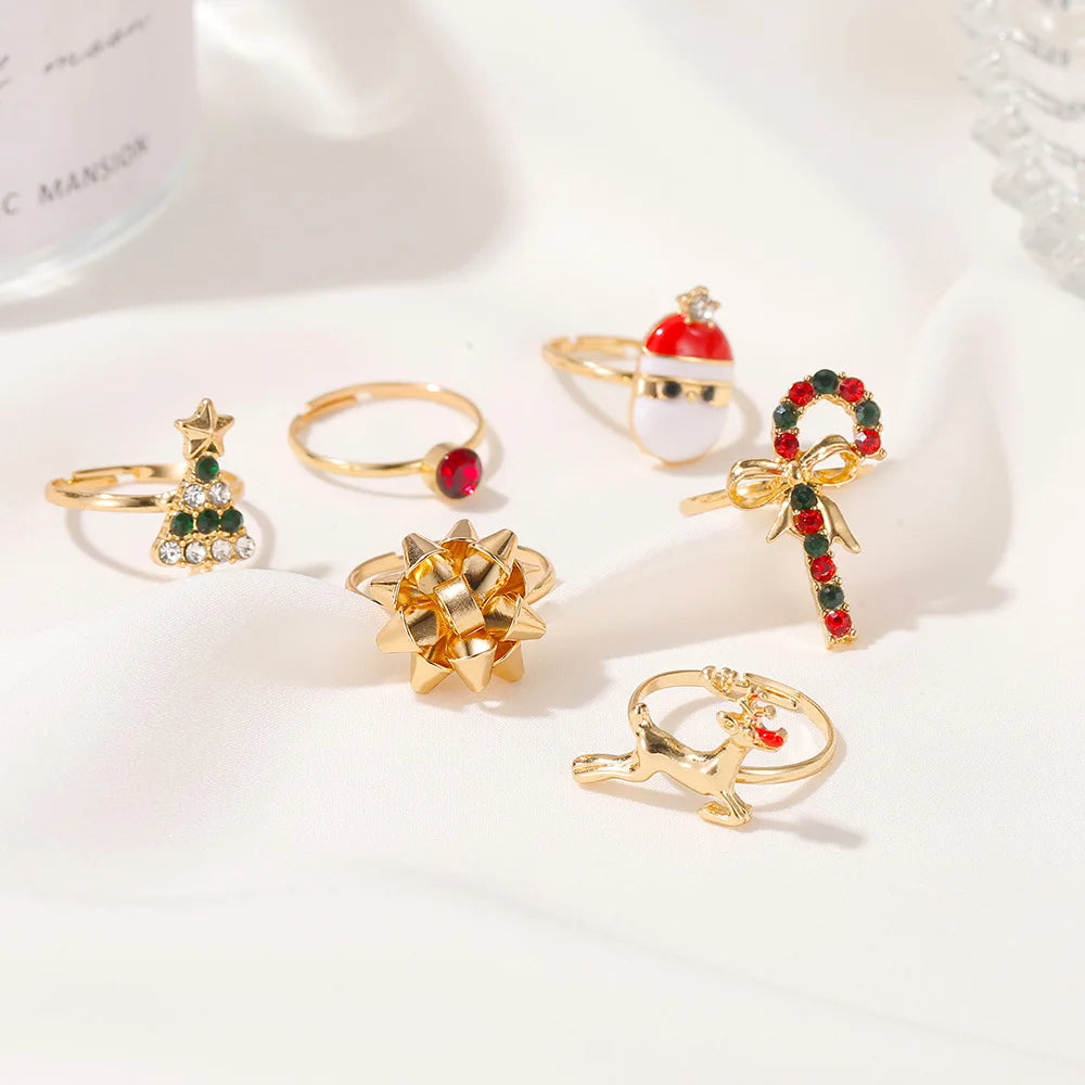 6Pcs/Set New Christmas Elk Santa Ring For Women Fashion Cute Gold Color Drip Glaze Adjustable Finger  Holiday Party Jewelry