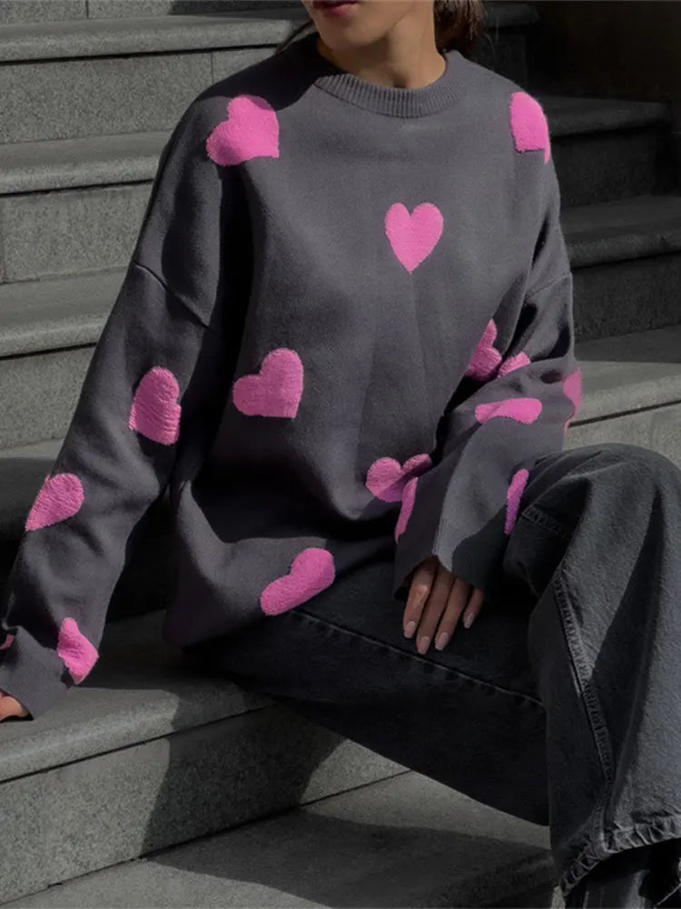 Chic Love Heart Printed O-neck Knitted Sweaters Casual Long Sleeves Warm Women's Pullover Autumn Ladies Street Commute Knitwears