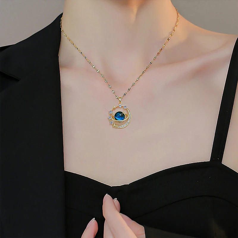 Fashion Light Luxury Starry Sky Planet Pendant Necklace Women Jewelry Party Accessories Gifts