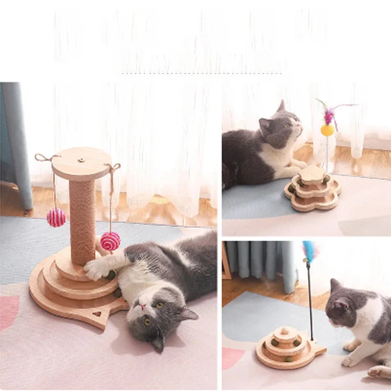 Wooden 2/3 Levels Pet Cat Toy Tower Tracks Disc Cat Intelligence Amusement Triple Play Disc Cat Toys Ball Training Toys