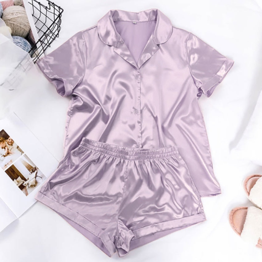 Solid Satin Sleepwear Silk Pajamas Set Top And Shorts Two Piece Set Pyjamas Women Pajama Short Sleeve Home Suit Casual