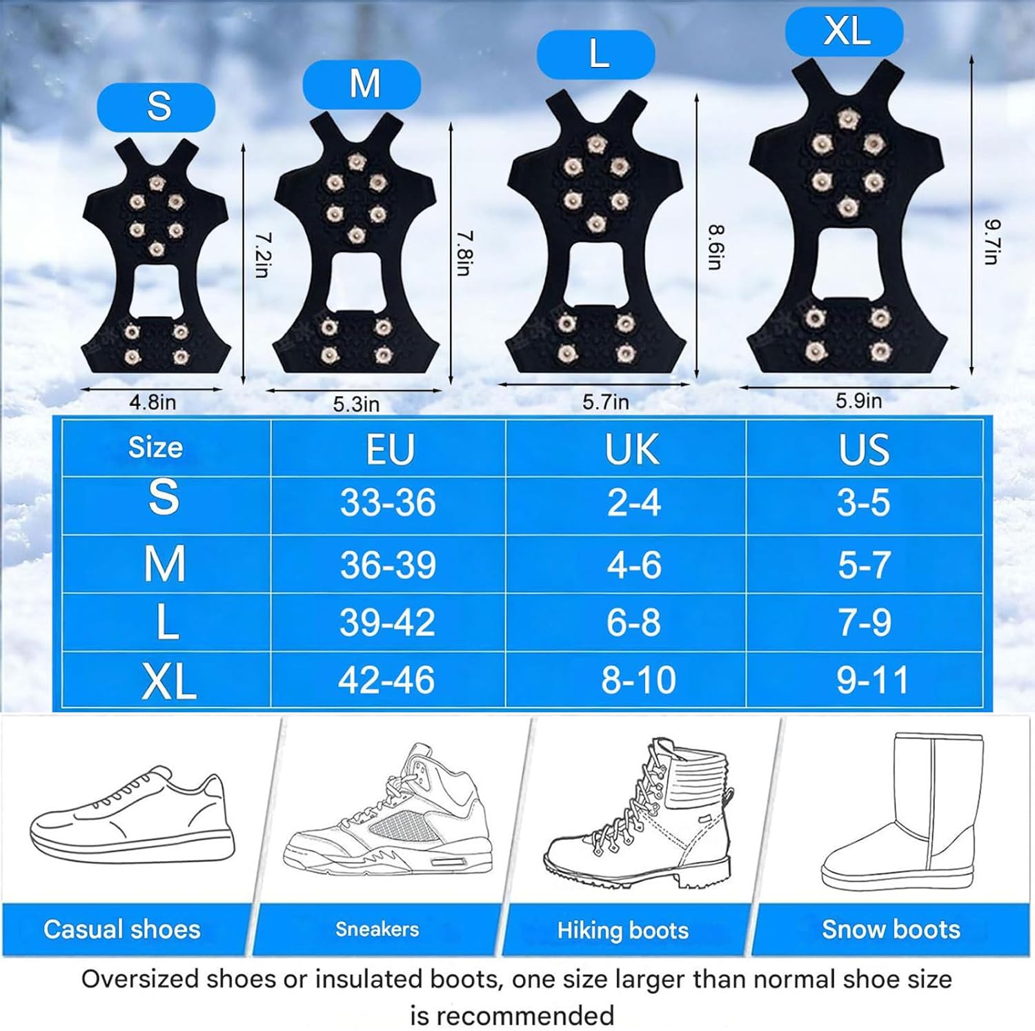 Ice Grips for Shoes and Boots, 2026 New Snow grips over Shoes, Anti-Slip Crampons 10 Studs Traction Cleat for Women Men Kids Hiking Fishing Walking Jogging