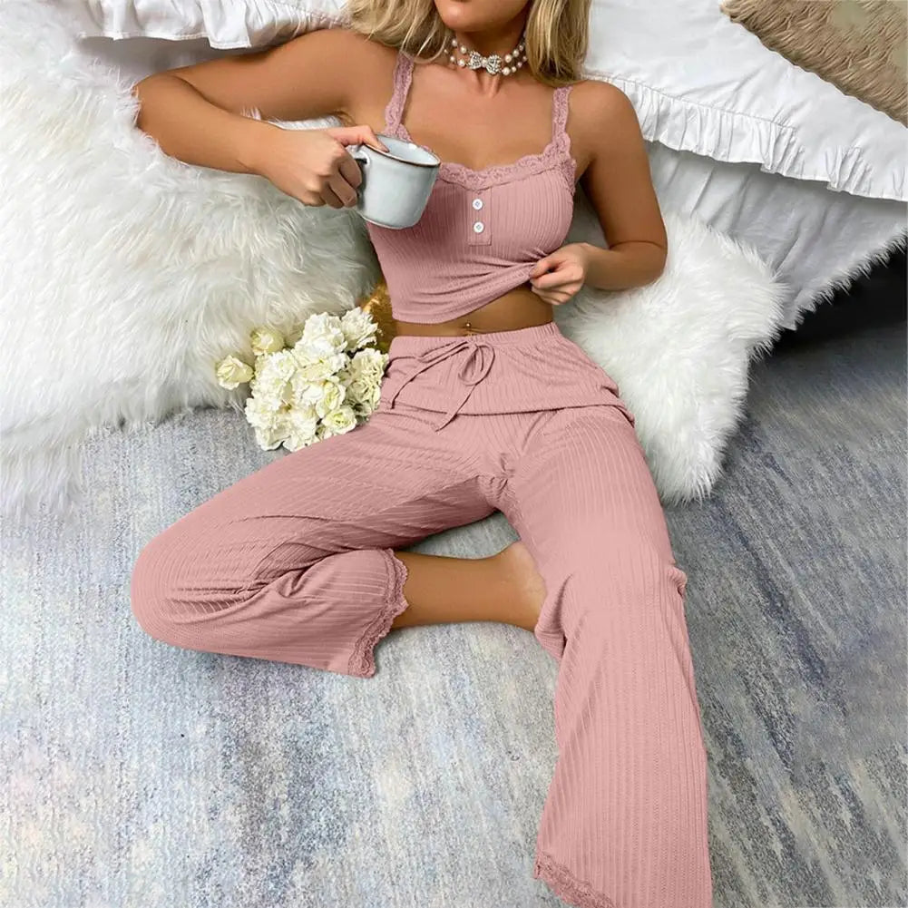 Two-piece Home Loungewear Women Pajama Set Women's Summer Pajamas Set with Low-cut V Neck Tank Top High Elastic Waist Trousers