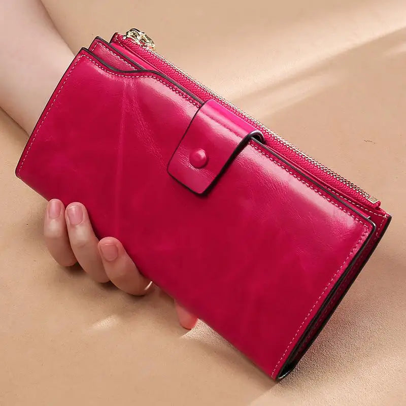 Blocking Genuine Leather Women Wallet Long Lady Leather Purse Brand Design Luxury Oil Wax Leather Female Wallet Coin Purse