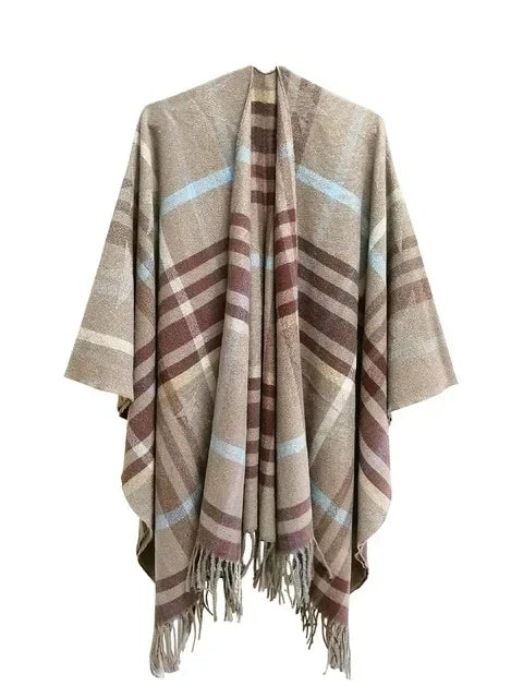 Imitation Cashmere Women Spring Autumn Double sided Plaid Split Shawl Warm Fashionable Street Poncho Lady Capes Khaki Cloaks