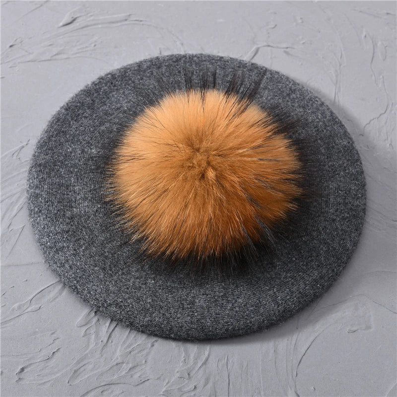 Jaxmonoy Winter Female Beret Women Hat Big Real Raccoon Fur Pompom Beret Wool Cashmere Natural Fur Ball Fashion Beret Cap Female