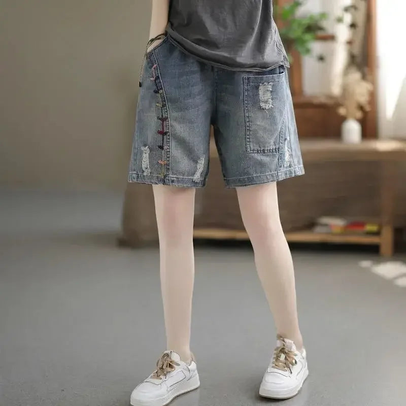 Ripped Denim Shorts Women's Shorty Hot Pants Female Clothing Korean Style Baggy Shorts Jeans Mom Short Vintage Pant High Waist