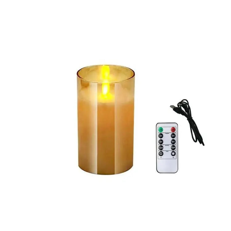 USB Recharge Dancing wick Pillar candle Lamp Paraffin Wax Electric LED Glass Candle w/Remote control Home Party table Decoration