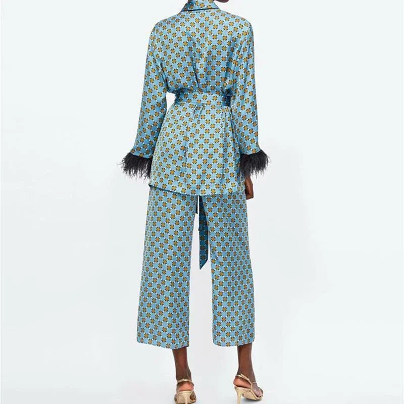 Women's Suits Spring LOOSE Blue Printed Kimono Jacket with Feather Sleeves Wide Leg Pants Two-piece Viintage Clothing Suits