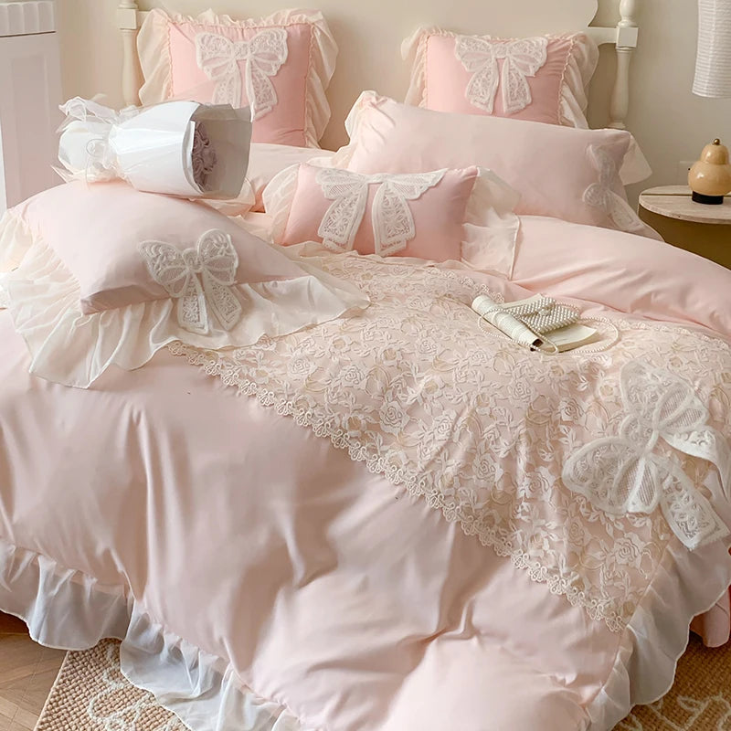 Princess Bedding Set Coquette Lace Bow  Beauty Solid Color Lace Ruffle Comforter Sets Luxury Girls Wedding  Duvet Cover