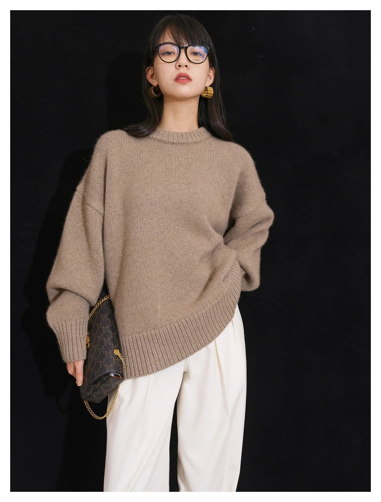 2023 European round neck 100% cashmere sweater women's thick lazy wind silhouette sweater women's loose knit base shirt