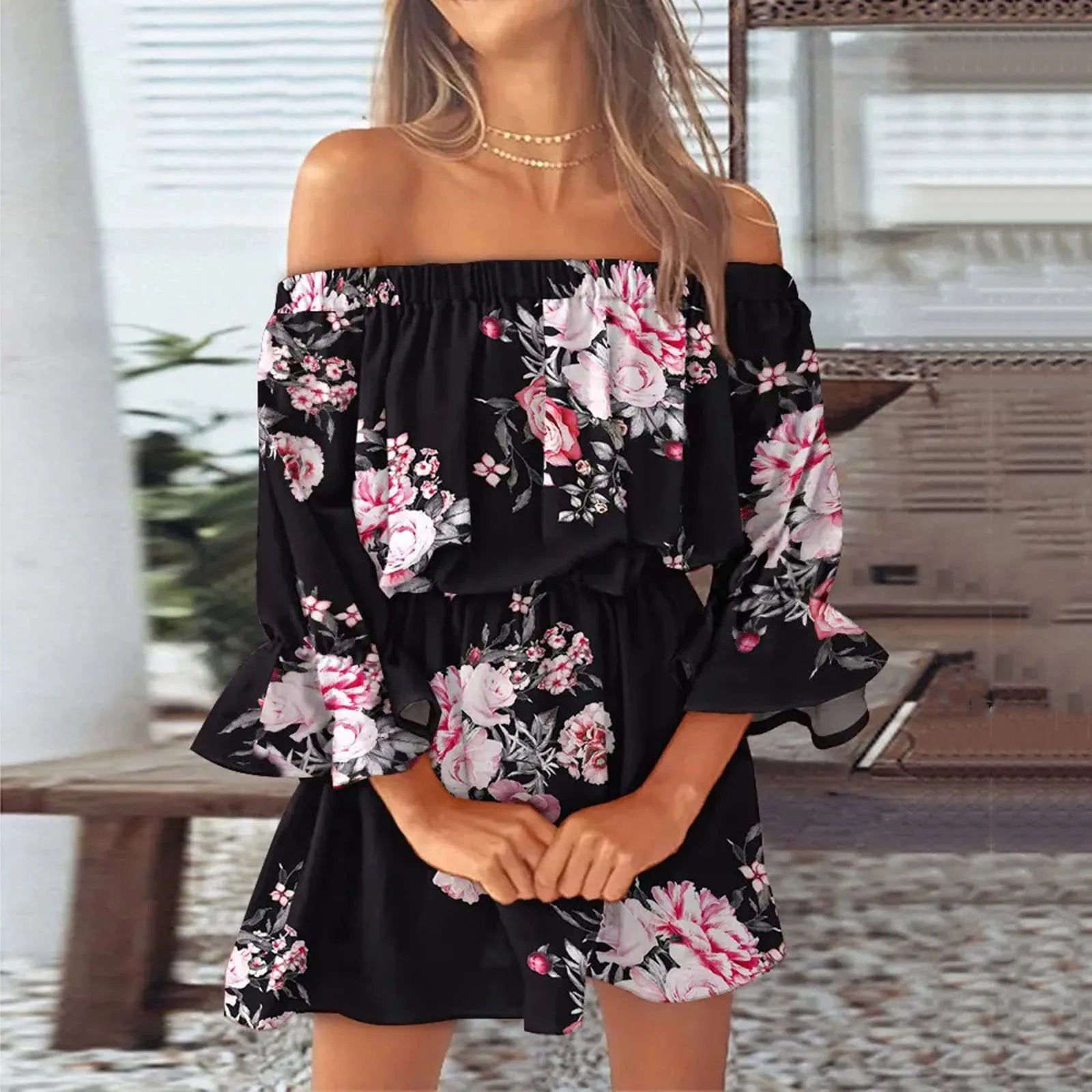 2024 Summer Dresses For Women Sexy Off Shoulder Mini Sundresses Beach Casual Loose Fit Bell Sleeve Mini Floral Dress Women's