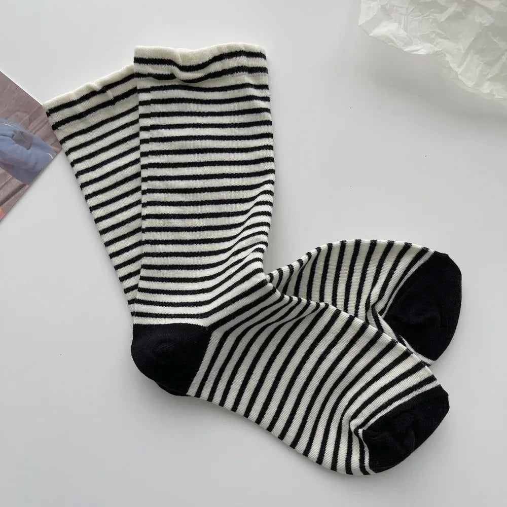 Retro Striped Socks Children's Women Medium Tube Socks Spring and Autumn Cotton Stockings Korean Stockings Japanese Socken