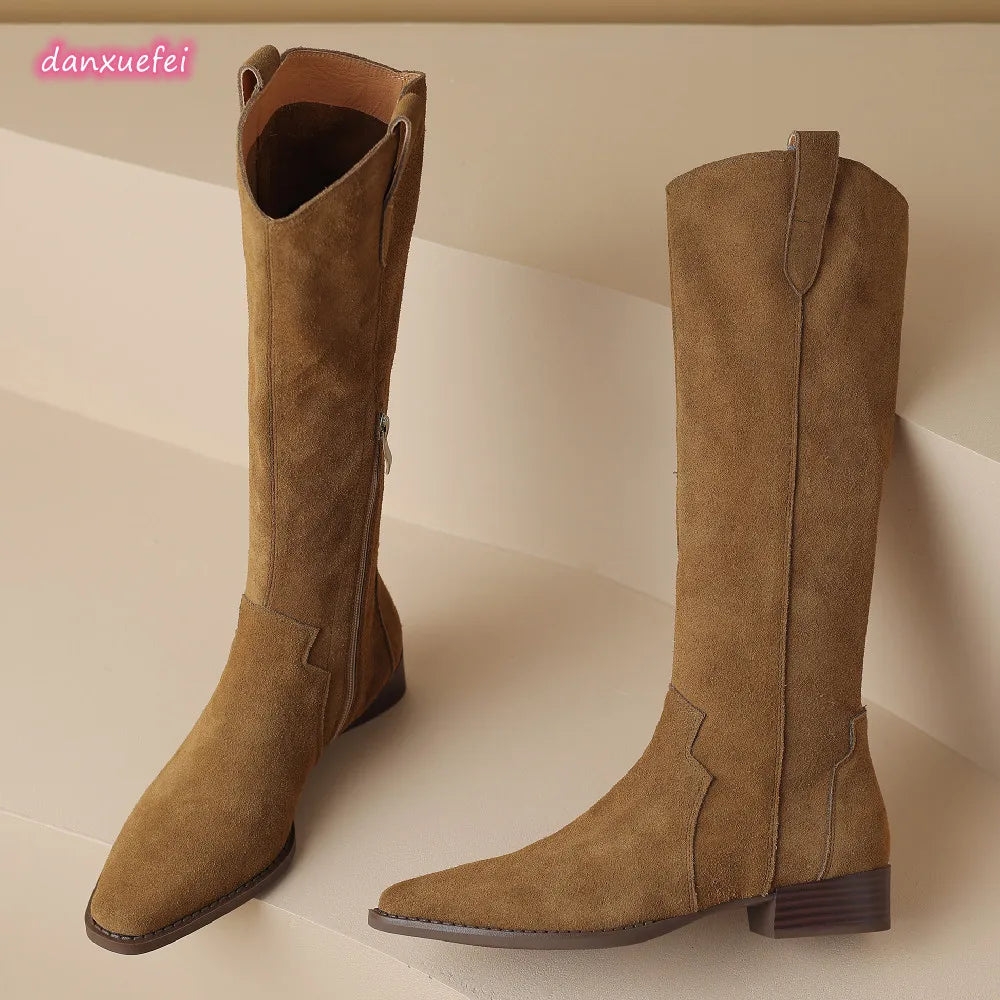 women's natural suede leather square toe side zip autumn knee high western boots casual female long boots shoes women