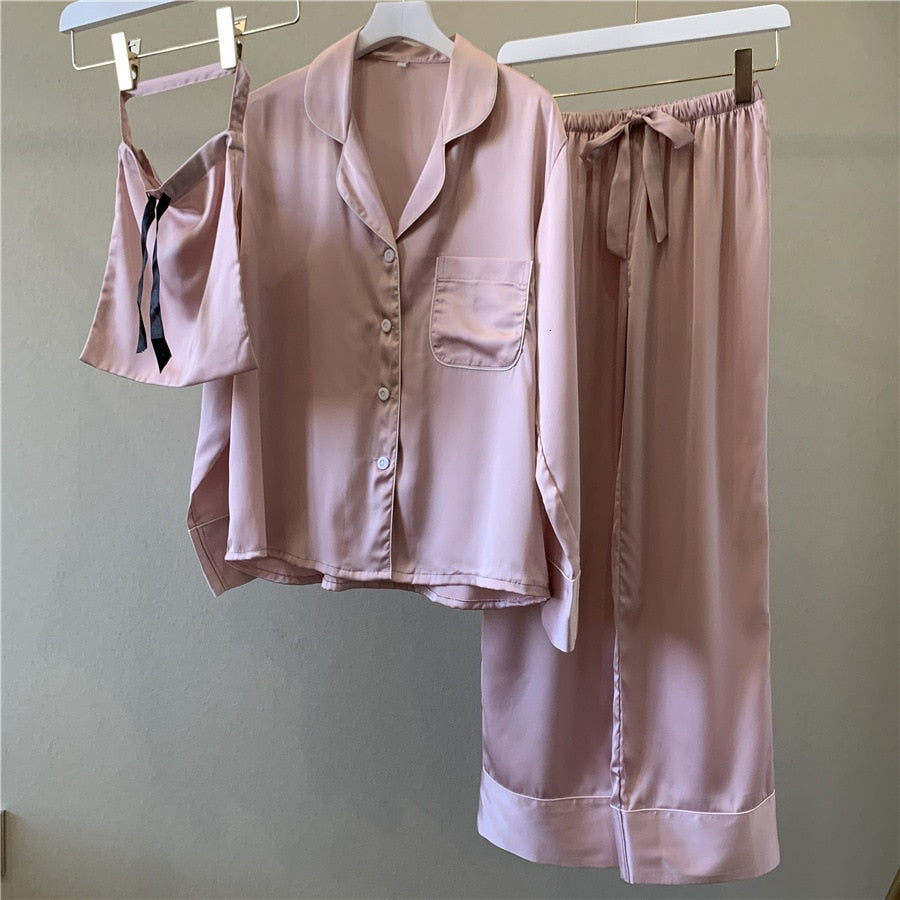 Pure Color Woman Long Sleeve Stain Pajama Set Satin Soft Fashion Pajamas