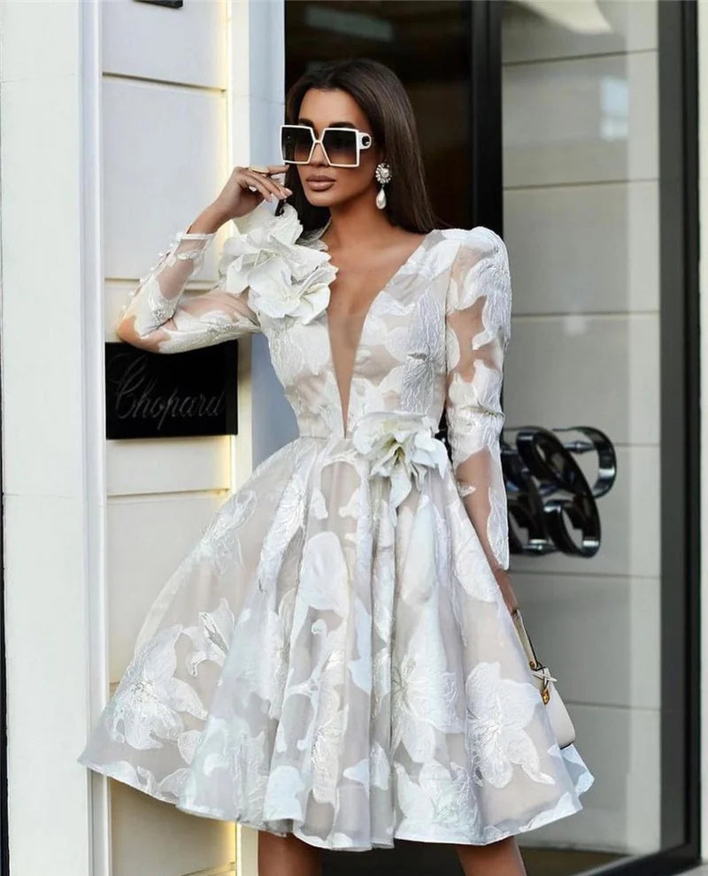 Deep V-Neckline Wedding Dresses 3D Flowers Full Long Sleeve A Line Short Mini Skirt Bridal Gown  Robe