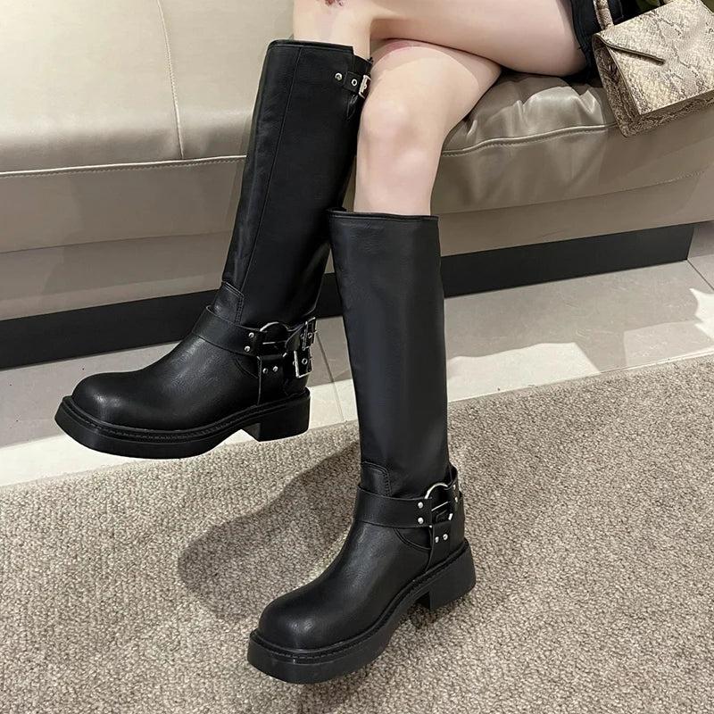 Vintage Buckle Cowgirl Western Boots Women Suqare Toe Platform Knee High Boots Woman PU Leather Middle Heels Long Botas De Mujer