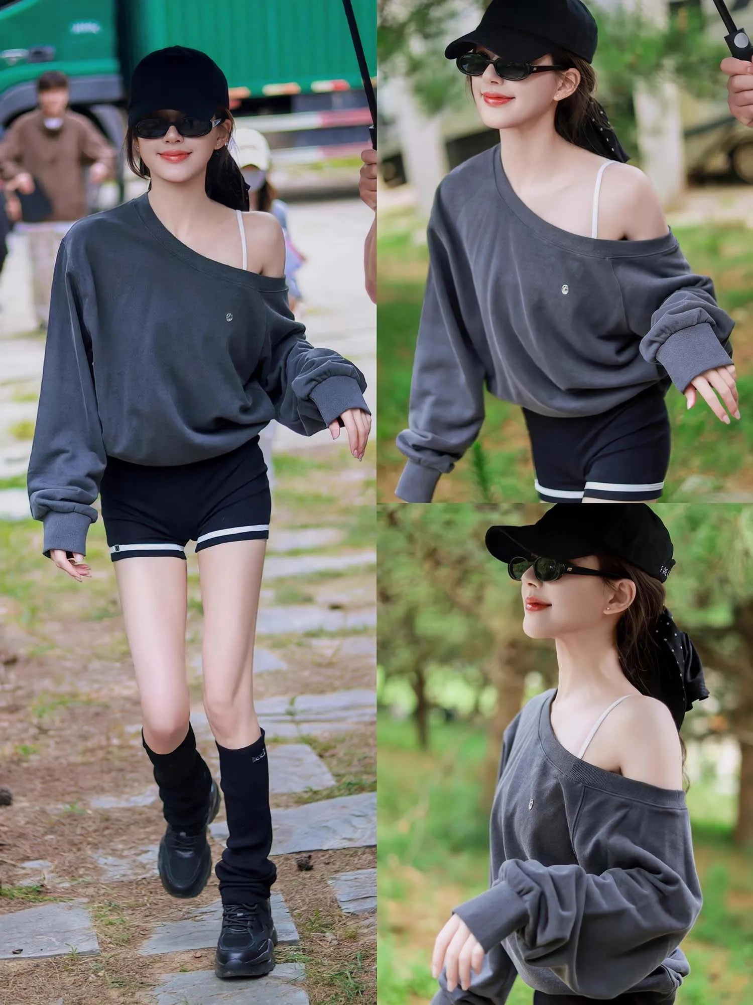 American Vintage Tops Metal letter logo Women Fashion Asymmetric slant shoulder Sweatshirt