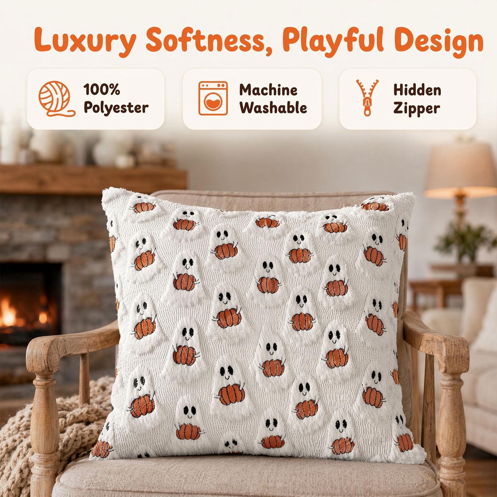 Halloween Throw Pillow Covers 18x18, Ivory Cute Ghost Hugging Pumpkin, Soft Plush for Spooky Season & Cozy Fall Decor.