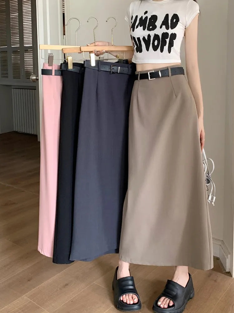 4Colors S-XL Spring Summer Female Skirts 2023 Women High Waist Suit Split long A line Maxi Skirt Female+belt (L5113)