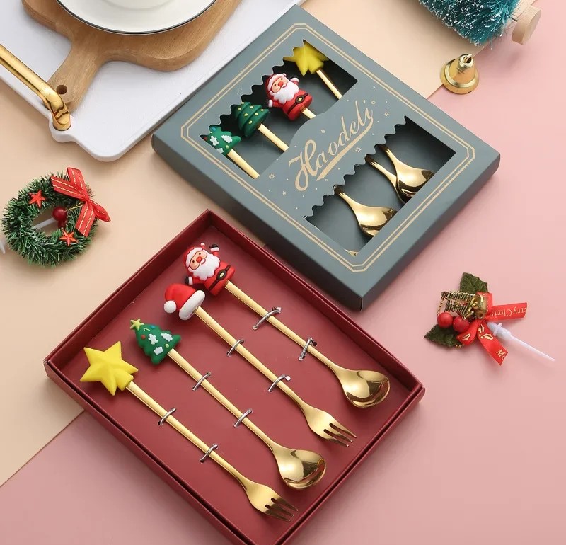 Kreativer Weihnachtsbaum-Kaffeerührlöffel aus Edelstahl, Dessert- und Obstgabel, Figurenlöffel und -gabel, Besteck-Geschenkset