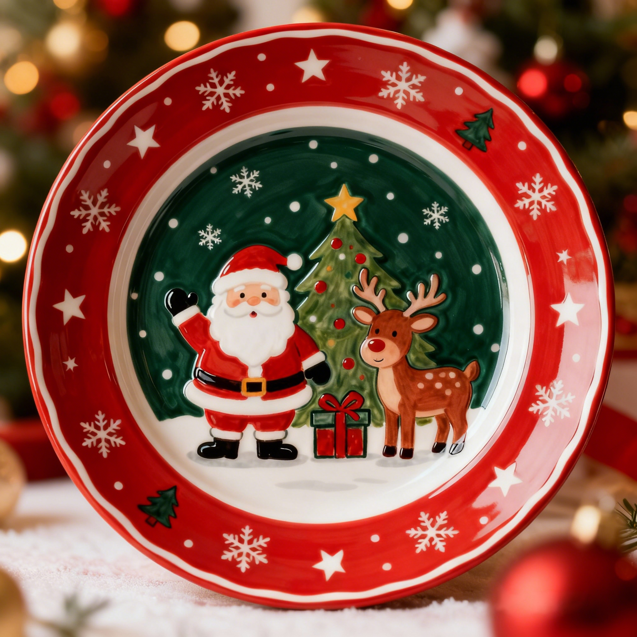 Santa & Reindeer Christmas Ceramic Plate