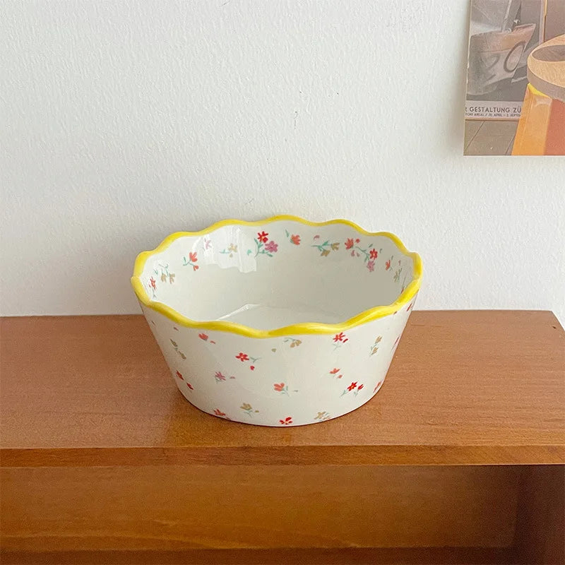 Fresh Pastoral Small Broken Flower Ceramic Bowl Ins Vintage Lace Salad Fruit Thickened Lovely Soup Rice Bowl Complimentary Spoon