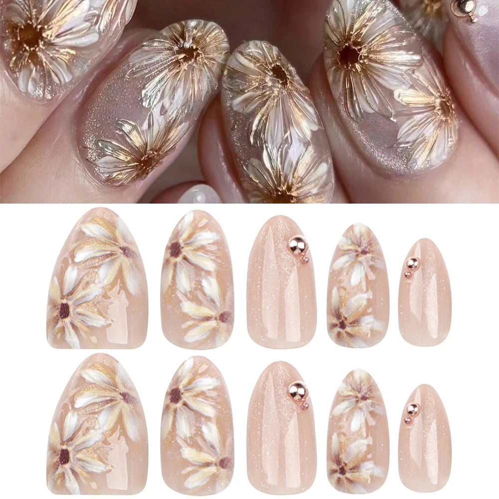 Oil Painting Style Flowers Design Nail Art Short Pointed Fake Nails Detachable Finished False Nails Press on Nails with Glue