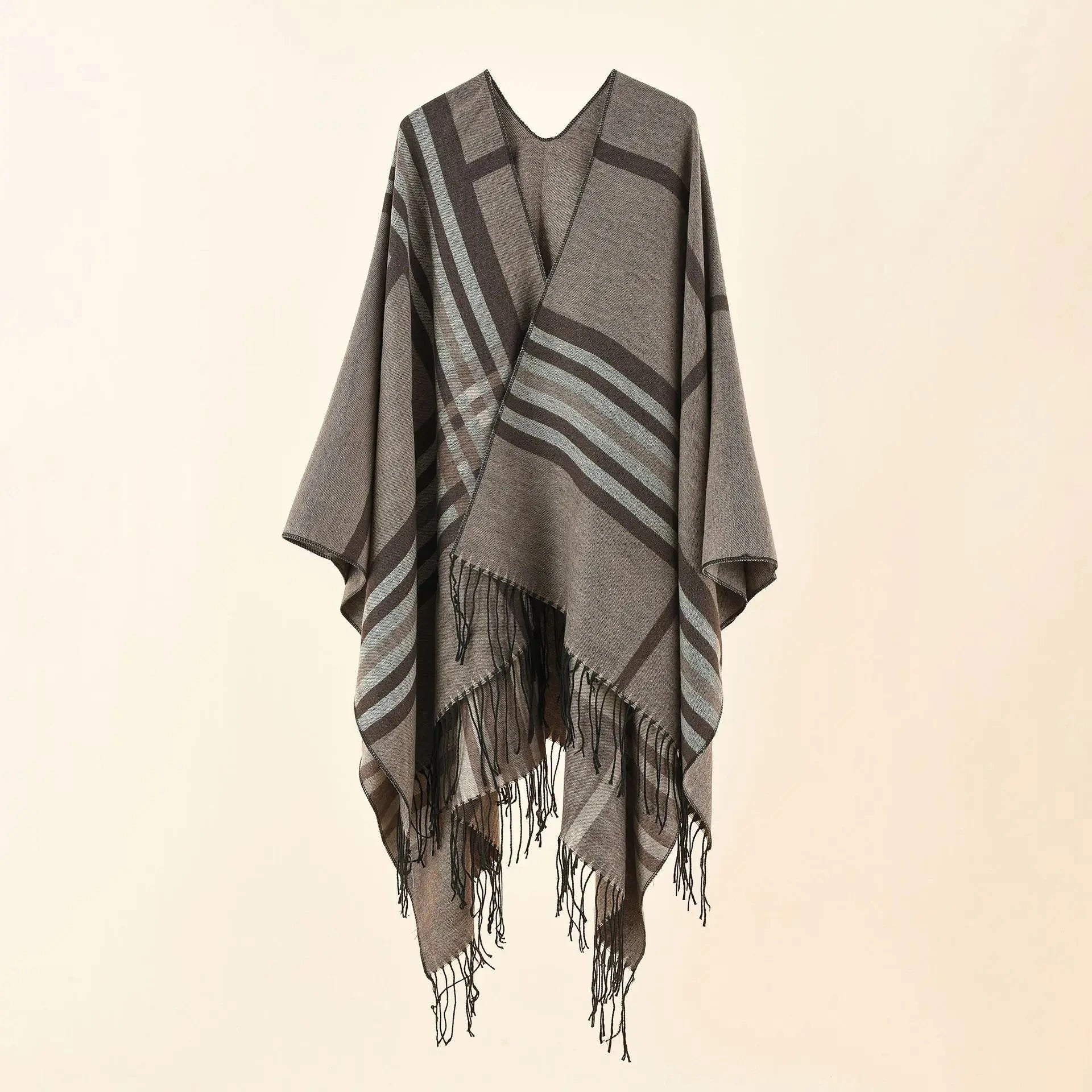 2024 Autumn Winter New Large Plaid Stripe Pattern Imitation Cashmere Warm Casual Women Shawl Tassels Poncho Capes Coat Coffee