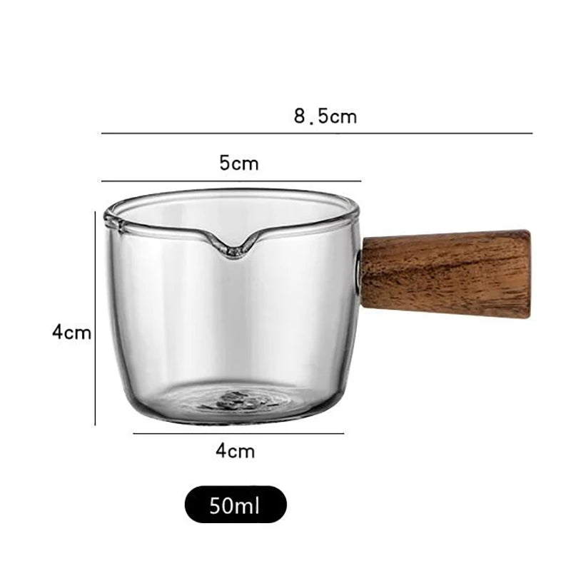 50ml 80ml 100ml Wood Handle Glass Espresso Measuring Cup Double/Single Mouth Milk Jug Coffee Supplies Clear Kitchen Measure Mug