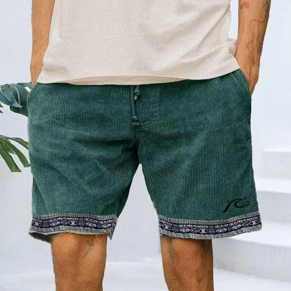 Fashion Printed Male Short Pants Summer Vintage Corduroy Pockets Surfing Shorts Men's Casual Beach Running Breechcloth Bottoms