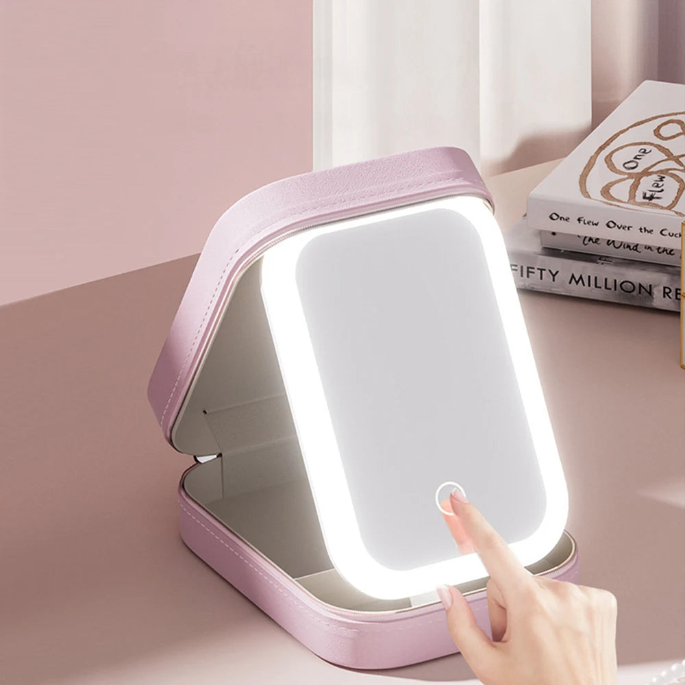 Makeup Storage Box With Led Light Mirror Portable Travel Makeup Cosmetics Jewelry Storage Box Touch Light Storage Organizer