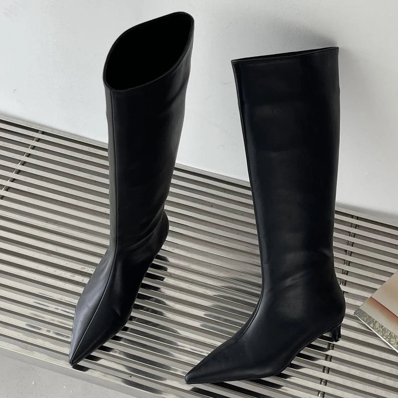 Autumn Winter Cosy Pointed Toe Woman Knee-High Boots Slip-On Low Thin Heels Cowboy Ladies Shoes Botas