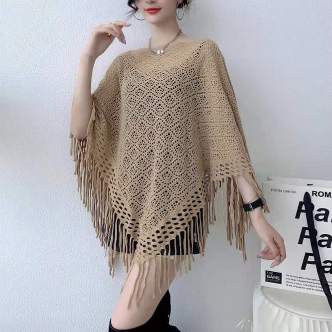 Spring Autumn New Pullover Cape Women Hollow flower Knitting Poncho Capes Batwing Sleeves Shawls Sunscreen Solid Cloak Blue