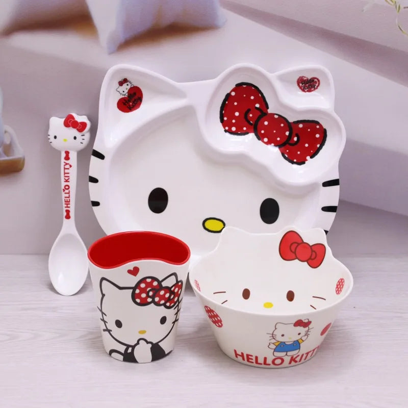 Sanrio Kawaii Hello Kitty Cat Face Plate Child Cutlery Set Bowl Chopsticks Spoon Fall Resistance Have A Meal 2-14 Years Old Cute