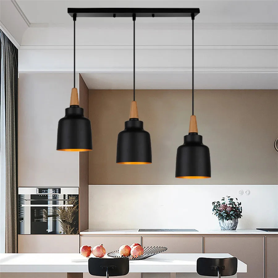 Modern Pendant Lights 3 Heads Wood Aluminum Hanging Lamp Chandelier Black for Loft Dinning Living Room Kitchen Lighting Fixture