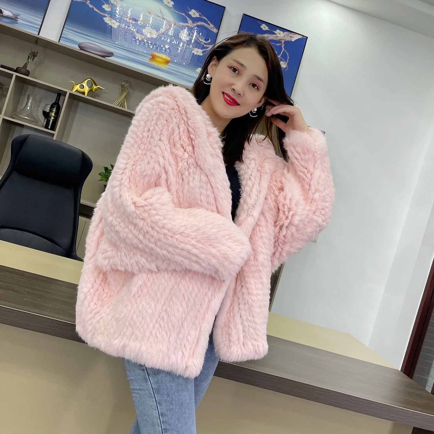 Autumn Winter Women 100% Natural Real Rabbit Thick Fur Coat Fur Warm Jacket Loose Knited Quality Luxury Hooded Full Sleeves