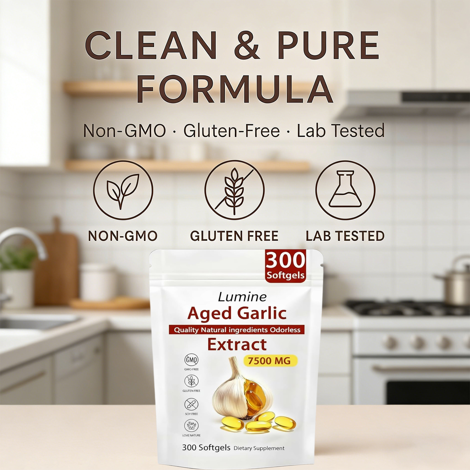 Lumine Organics Aged Garlic Extract Capsules 7500mg Odorless - 300 Count, 24 month Aged Garlic Extract Antioxidant Supplement,Vegetarian- 2026 New