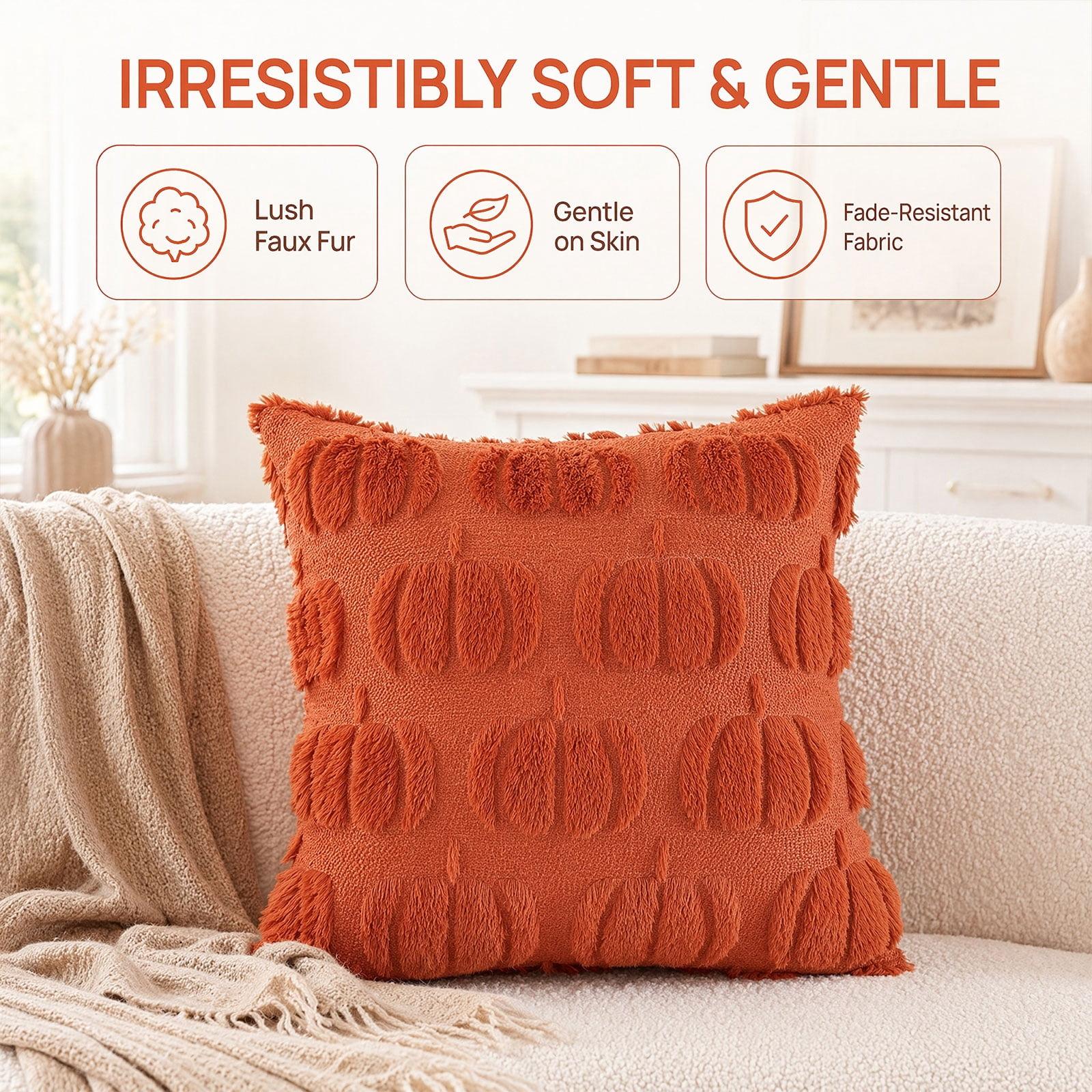 Halloween Throw Pillow Covers 18x18, Fall Decor Autumn Pumpkin Pillow, Soft Plush Faux Fur Cushion Cases for Couch Sofa Chair Caramel