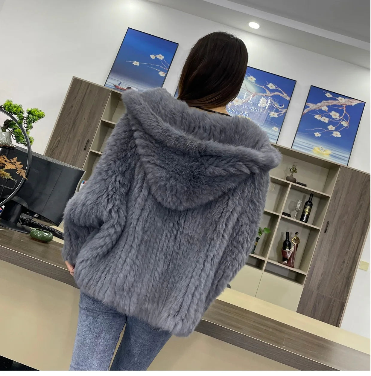 Autumn Winter Women 100% Natural Real Rabbit Thick Fur Coat Fur Warm Jacket Loose Knited Quality Luxury Hooded Full Sleeves