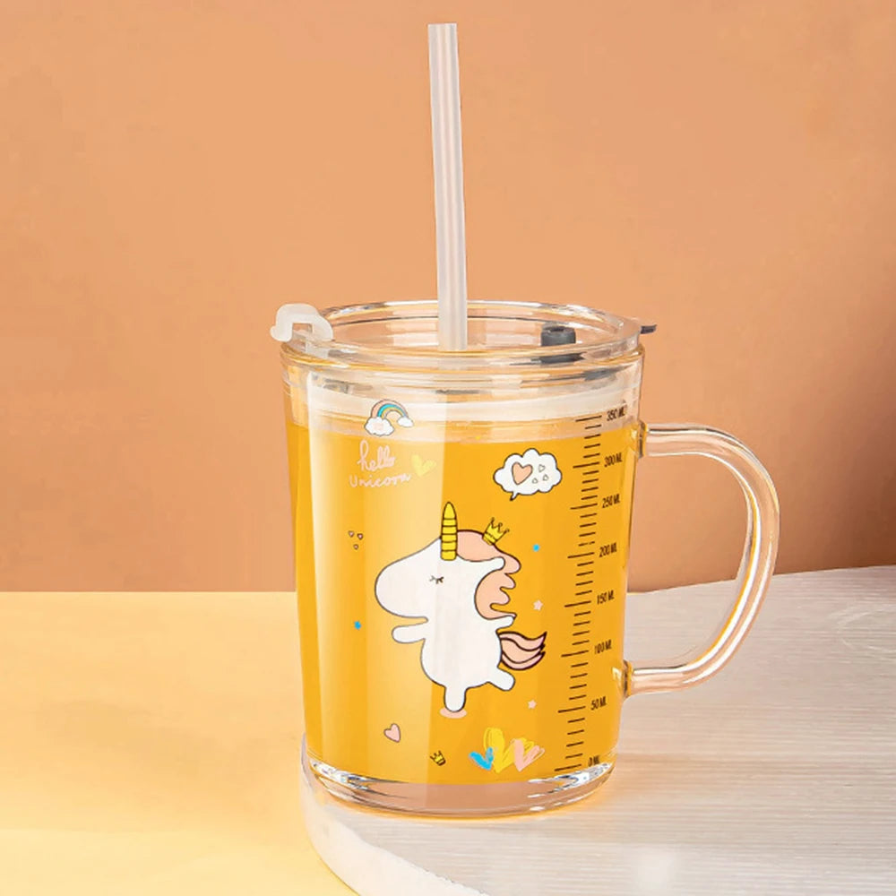 350ml Cute Children Milk Glass Cup With Straw And Lids Cartoon Transparent Breakfast Cup With Scale For Kids Student Water Cup